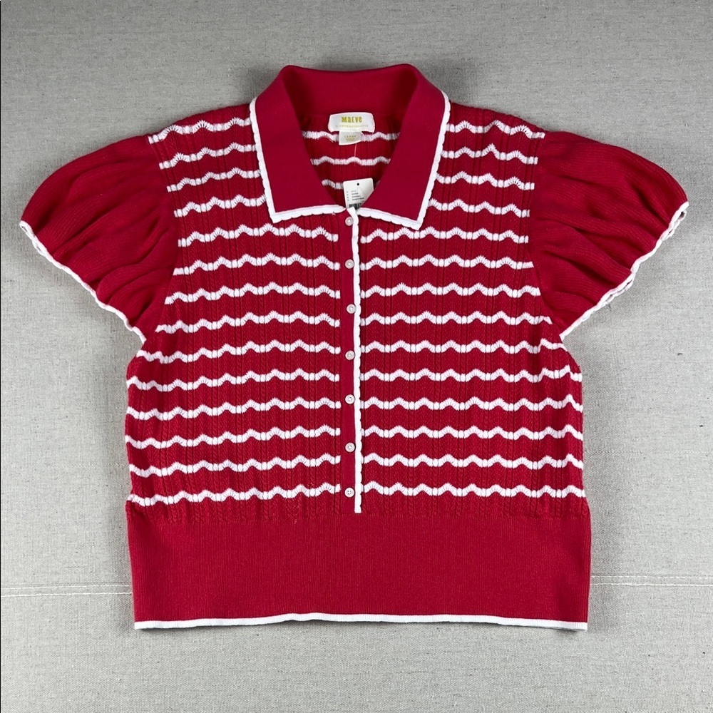 Anthropologie Red and White Short-Sleeve Button-Up Knit Polo